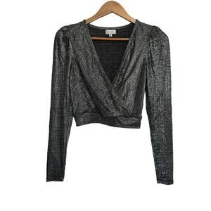Kit +‎ Sky Top Cropped Long Sleeve Faux Wrap Black Silver Shimmer Sparkle Sz S
